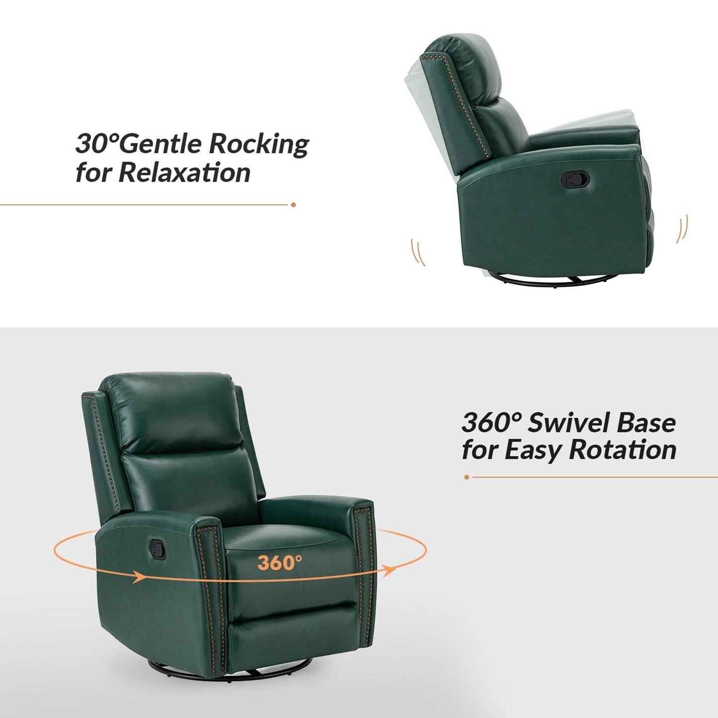 Poltrona reclinabile girevole Fiacro 30.31Wide Modern in vera pelle con schienale alto e finiture con borchie, set da 2