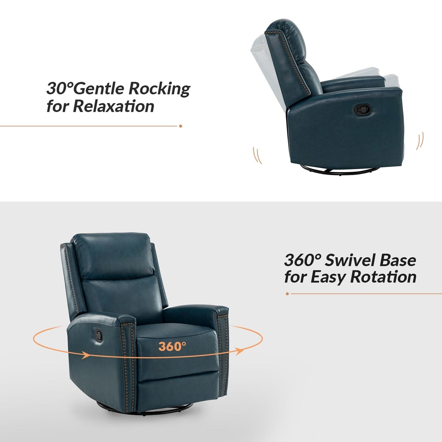 Poltrona reclinabile girevole Fiacro 30.31Wide Modern in vera pelle con schienale alto e finiture con borchie, set da 2