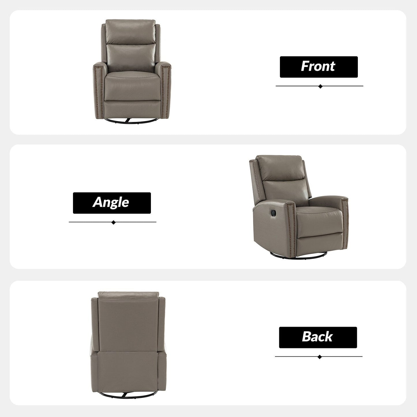 Poltrona reclinabile girevole Fiacro 30.31Wide Modern in vera pelle con schienale alto e finiture con borchie, set da 2