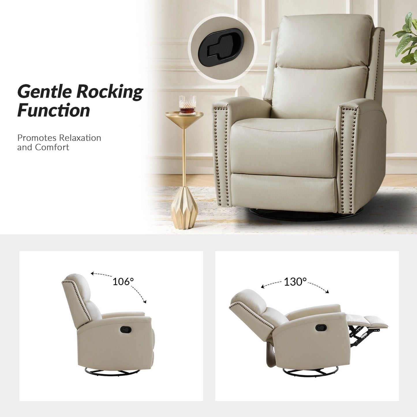 Poltrona reclinabile girevole Fiacro 30.31Wide Modern in vera pelle con schienale alto e finiture con borchie