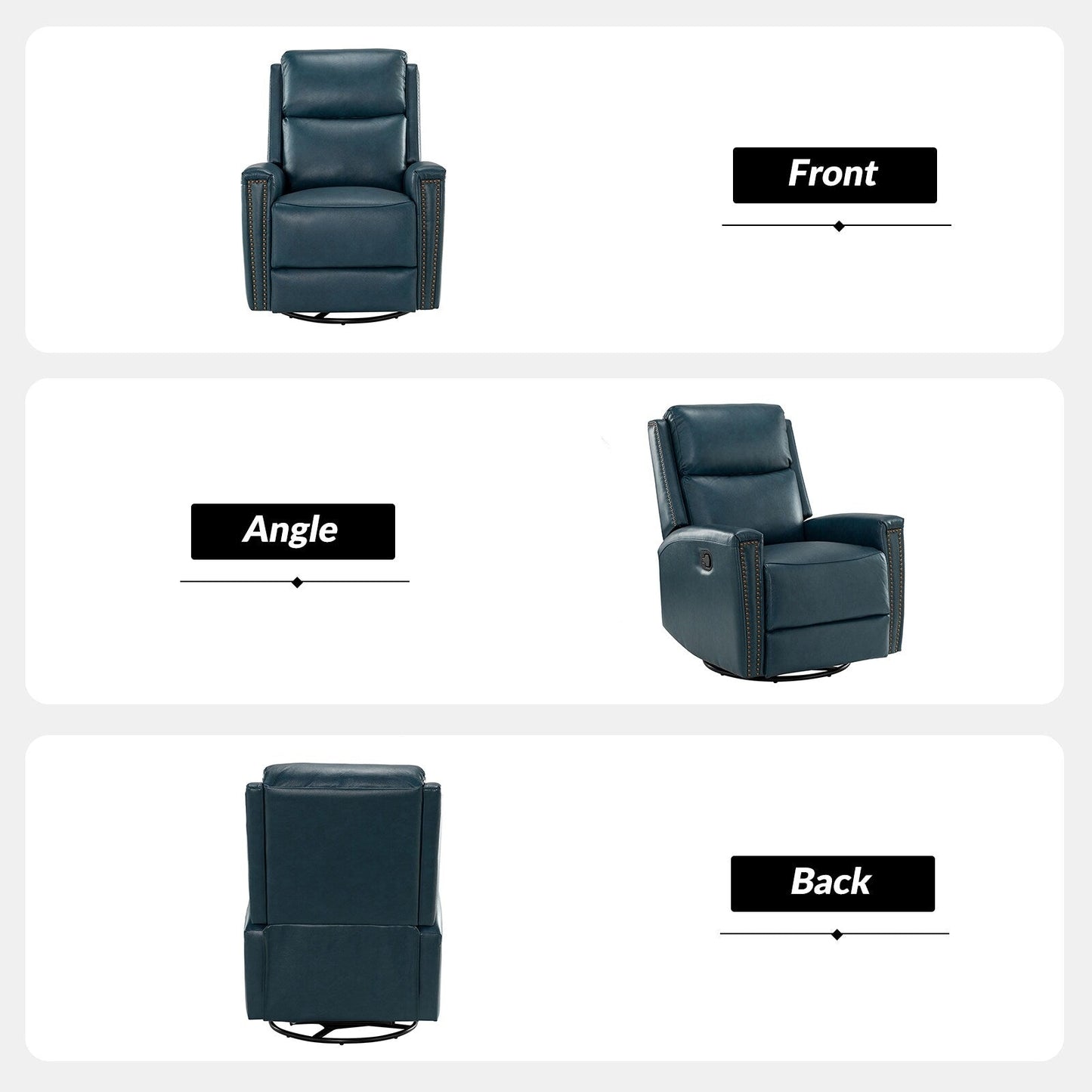 Poltrona reclinabile girevole Fiacro 30.31Wide Modern in vera pelle con schienale alto e finiture con borchie