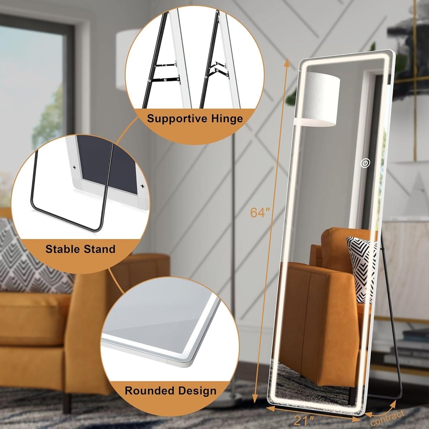 Specchio da terra con luce LED, specchio a figura intera 64 x 21 con supporto, specchio sospeso, specchio da parete, specchio a figura intera