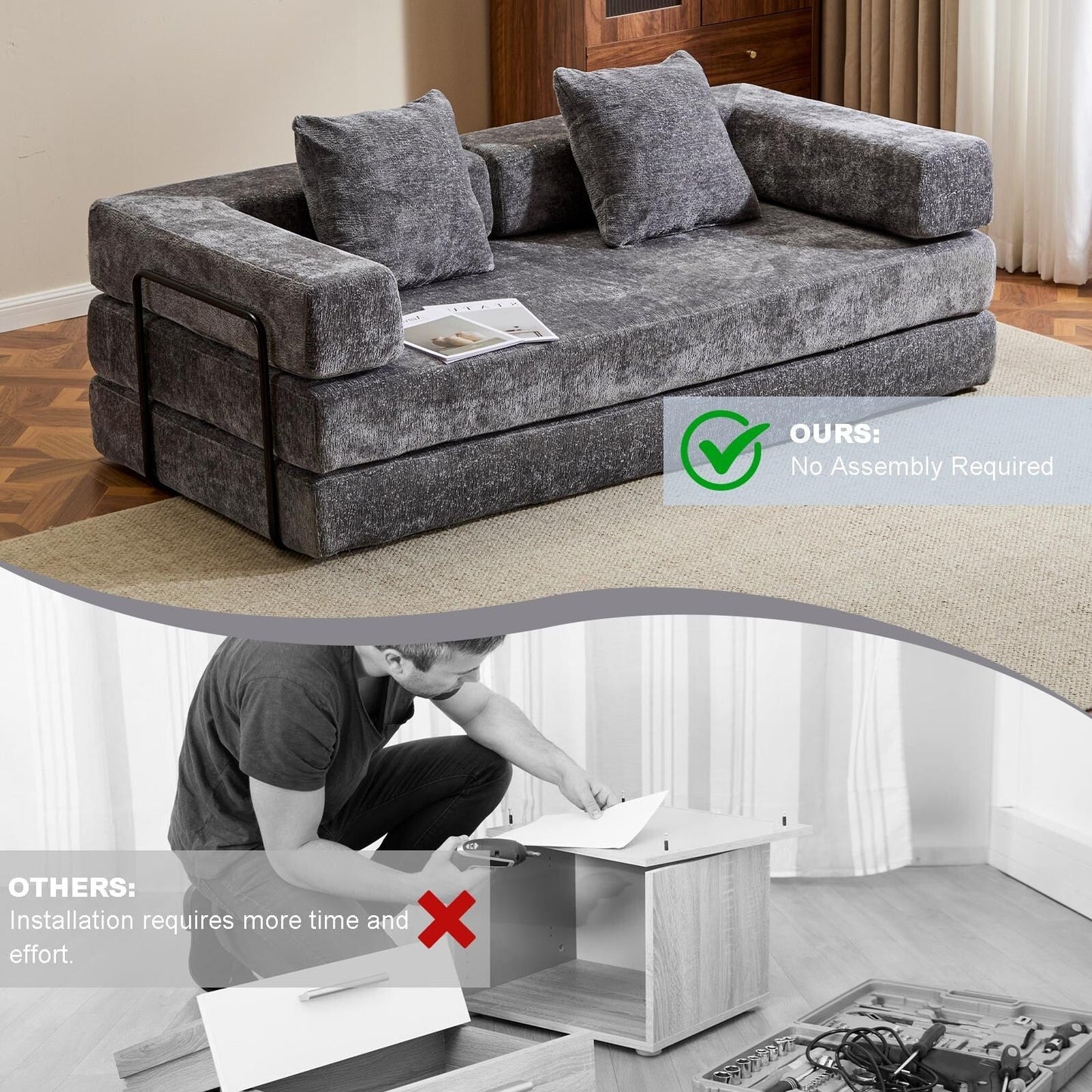 Divano letto trasformabile con schienale imbottito in ciniglia per soggiorno e camera da letto