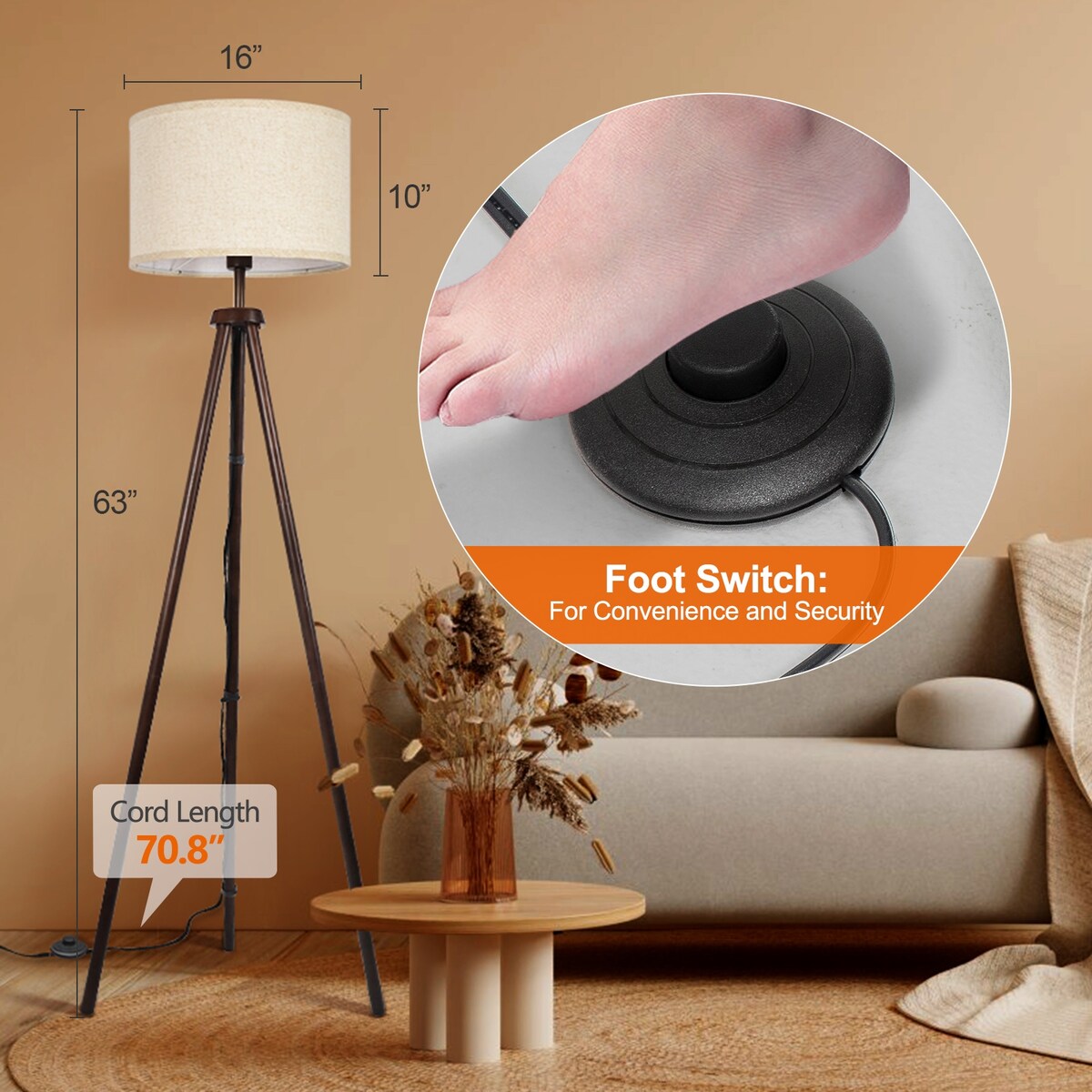 Lampada da terra con treppiede in noce nero da 63 pollici e gambe in legno massello