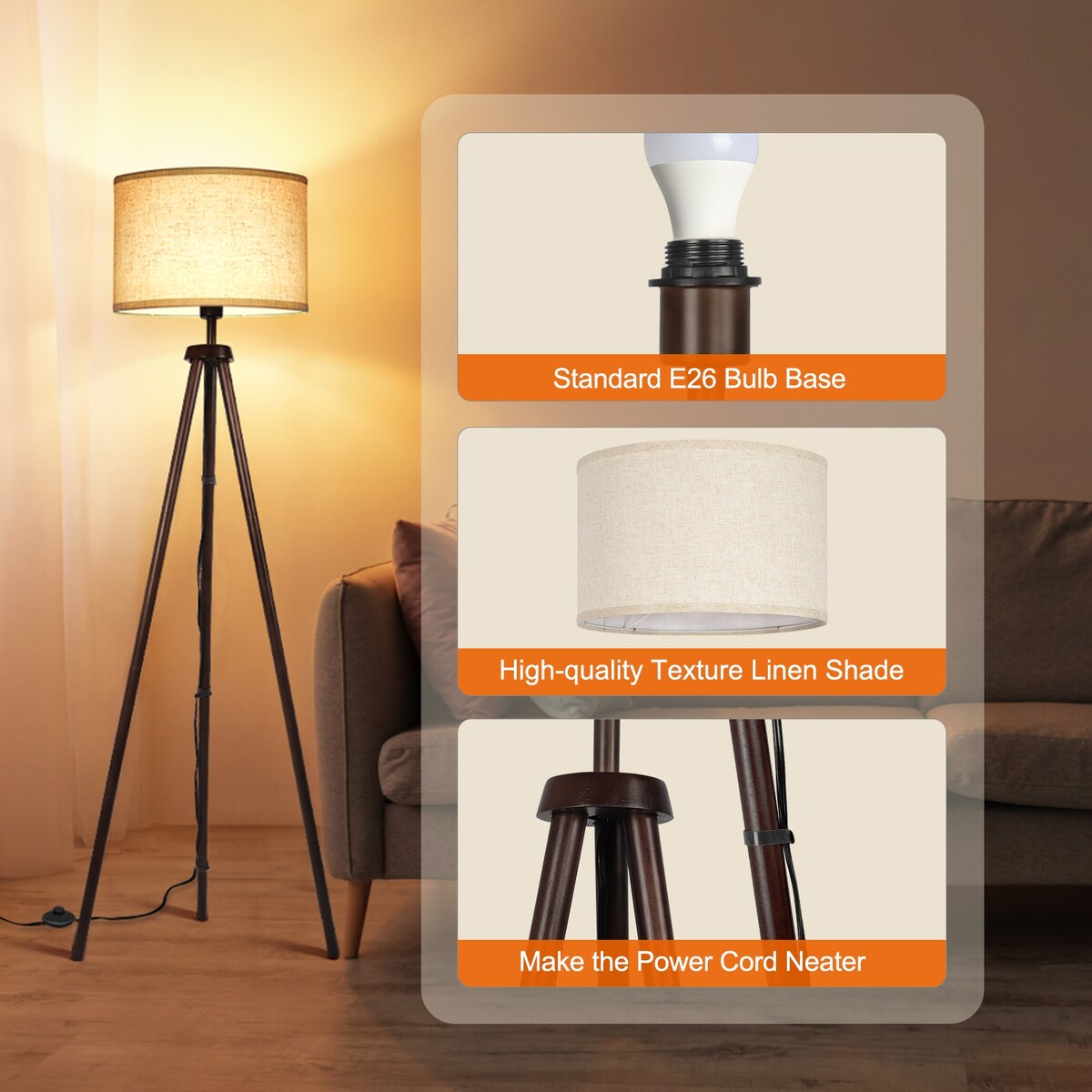 Lampada da terra con treppiede in noce nero da 63 pollici e gambe in legno massello