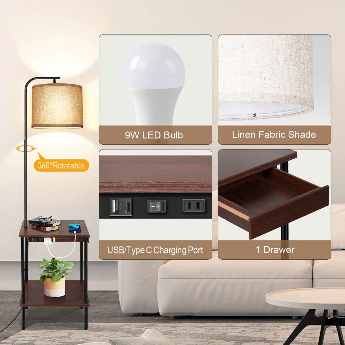 Lampada da terra da 62 pollici con scrivania portariviste - Stile cassetto