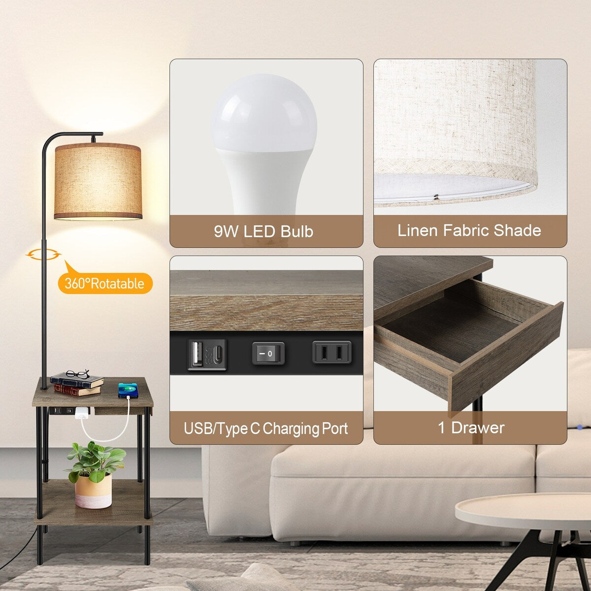 Lampada da terra da 62 pollici con scrivania portariviste - Stile cassetto