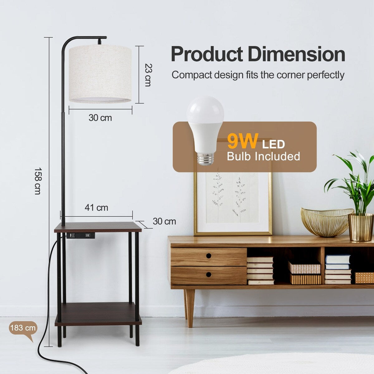 Lampada da terra da 62 pollici con tavolino quadrato porta riviste - noce