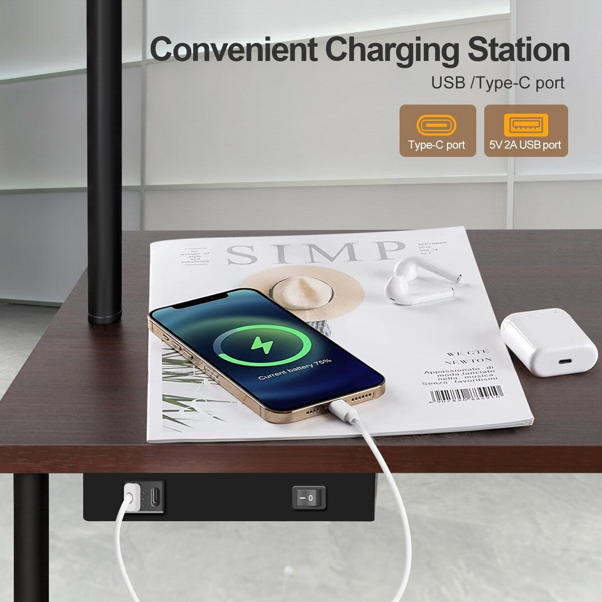 Lampada da terra da 62 pollici con tavolino quadrato porta riviste - noce