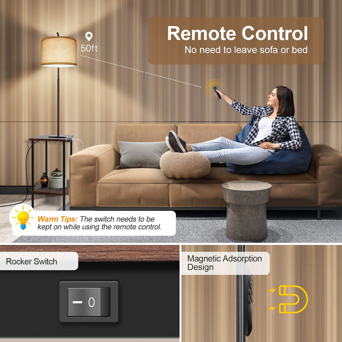 Lampada da terra da 62 pollici con tavolino quadrato porta riviste - noce