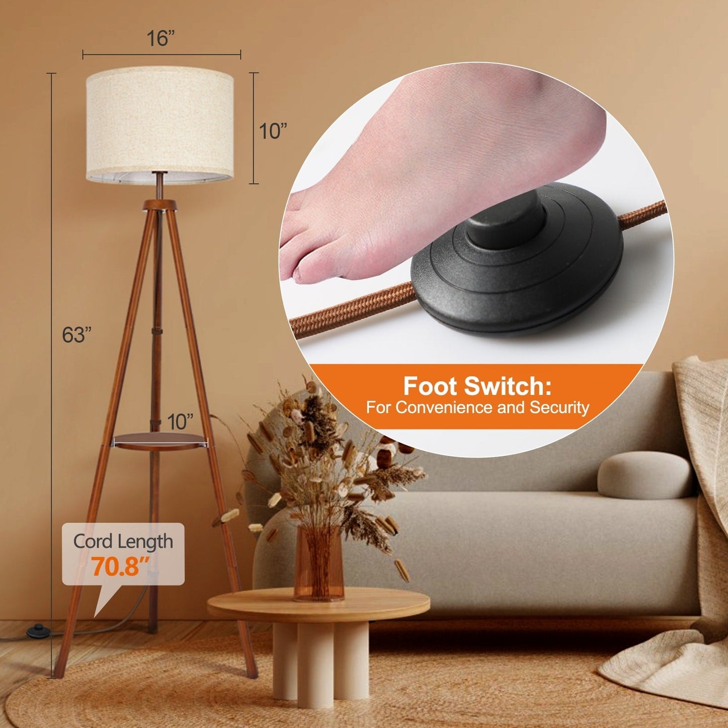 Lampada da terra con treppiede in noce da 63 pollici con gambe in legno massello e vassoio