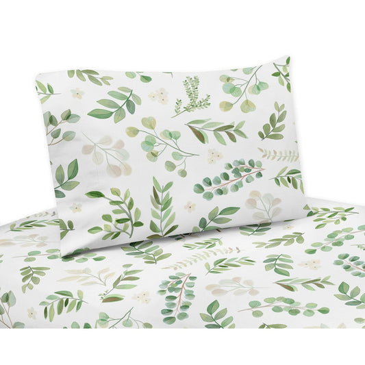 Set di lenzuola matrimoniali da 3 pezzi della collezione Floral Leaf - Verde e bianco, Boho, acquerello, botanico, bosco, giardino tropicale