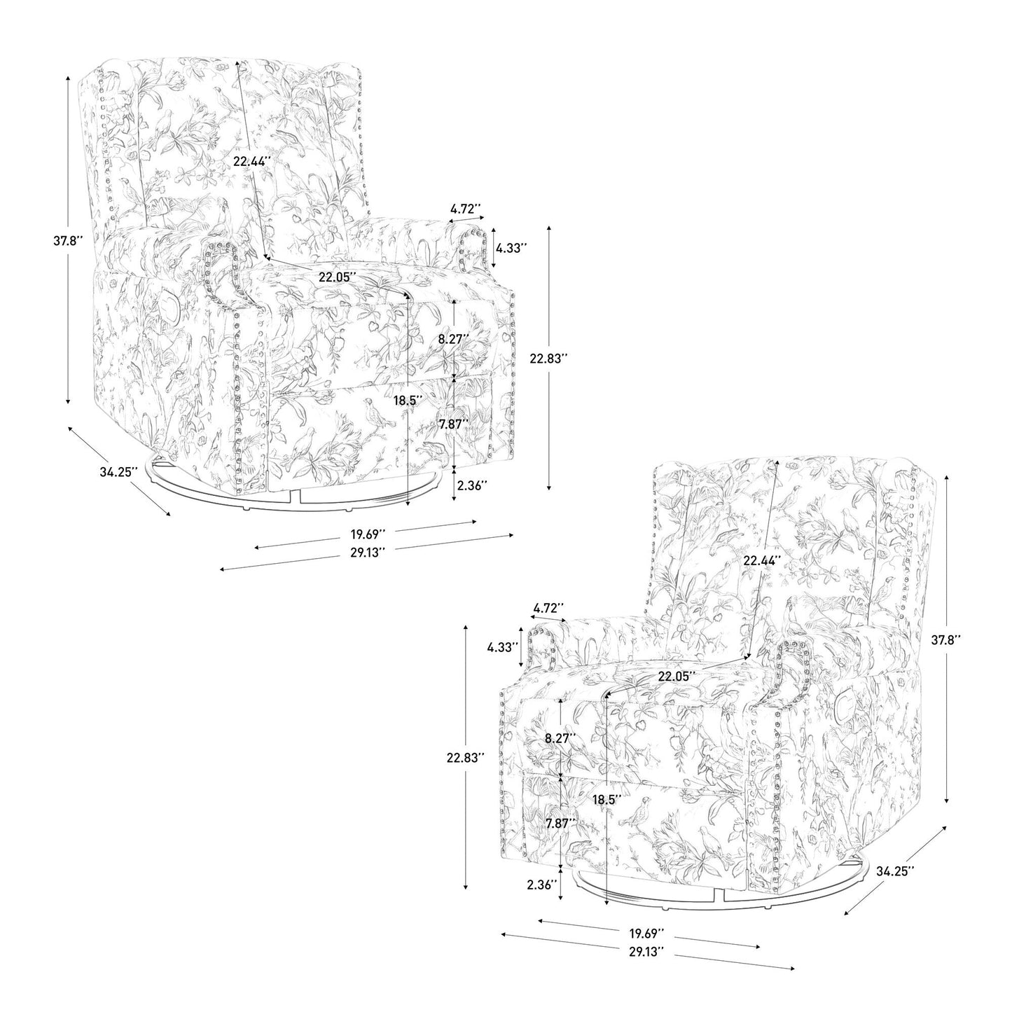 Poltrona reclinabile manuale in lino floreale con poggiapiedi, set da 2