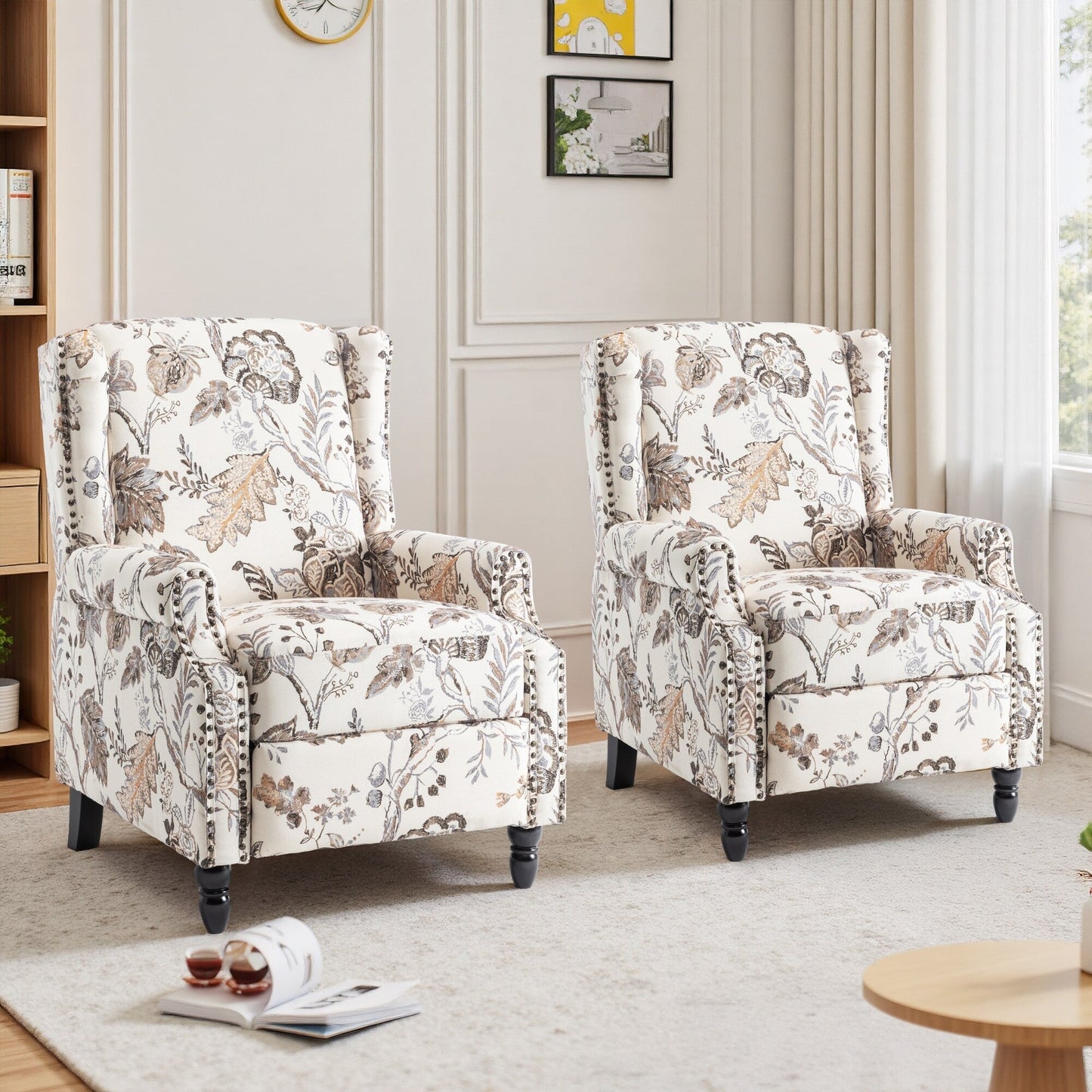 Poltrona reclinabile manuale in lino floreale con poggiapiedi, set da 2