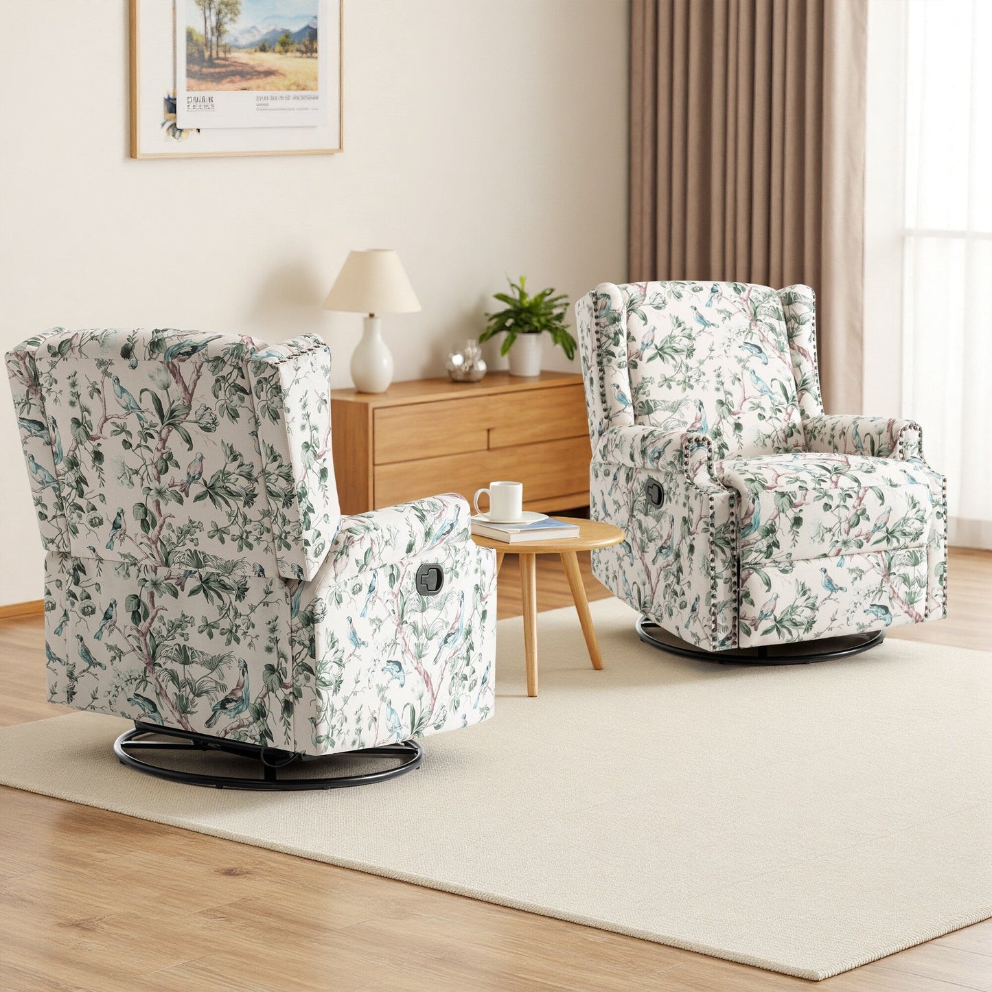Poltrona reclinabile manuale in lino floreale con poggiapiedi, set da 2
