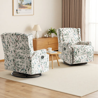 Poltrona reclinabile manuale in lino floreale con poggiapiedi, set da 2