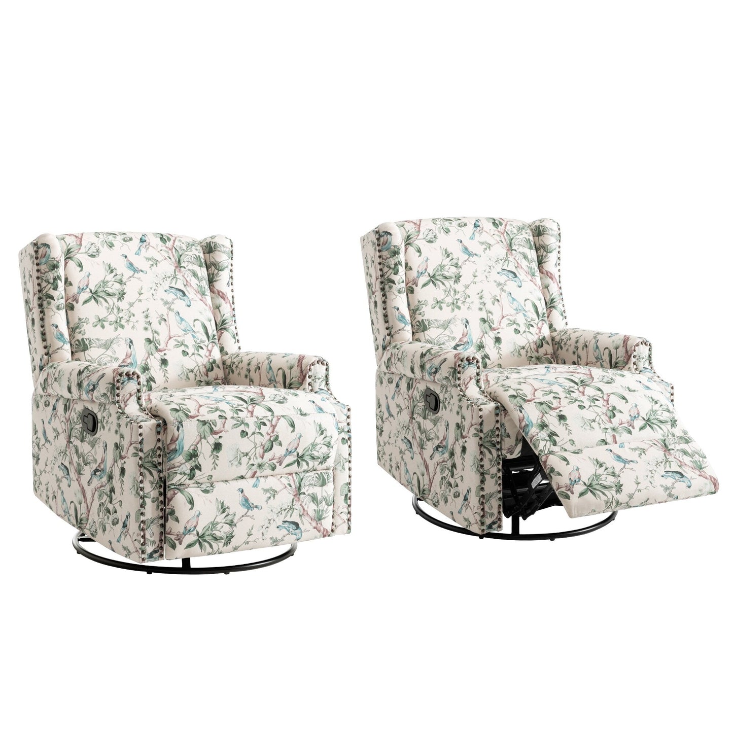 Poltrona reclinabile manuale in lino floreale con poggiapiedi, set da 2