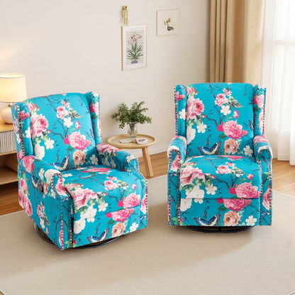 Poltrona reclinabile manuale in lino floreale con poggiapiedi, set da 2