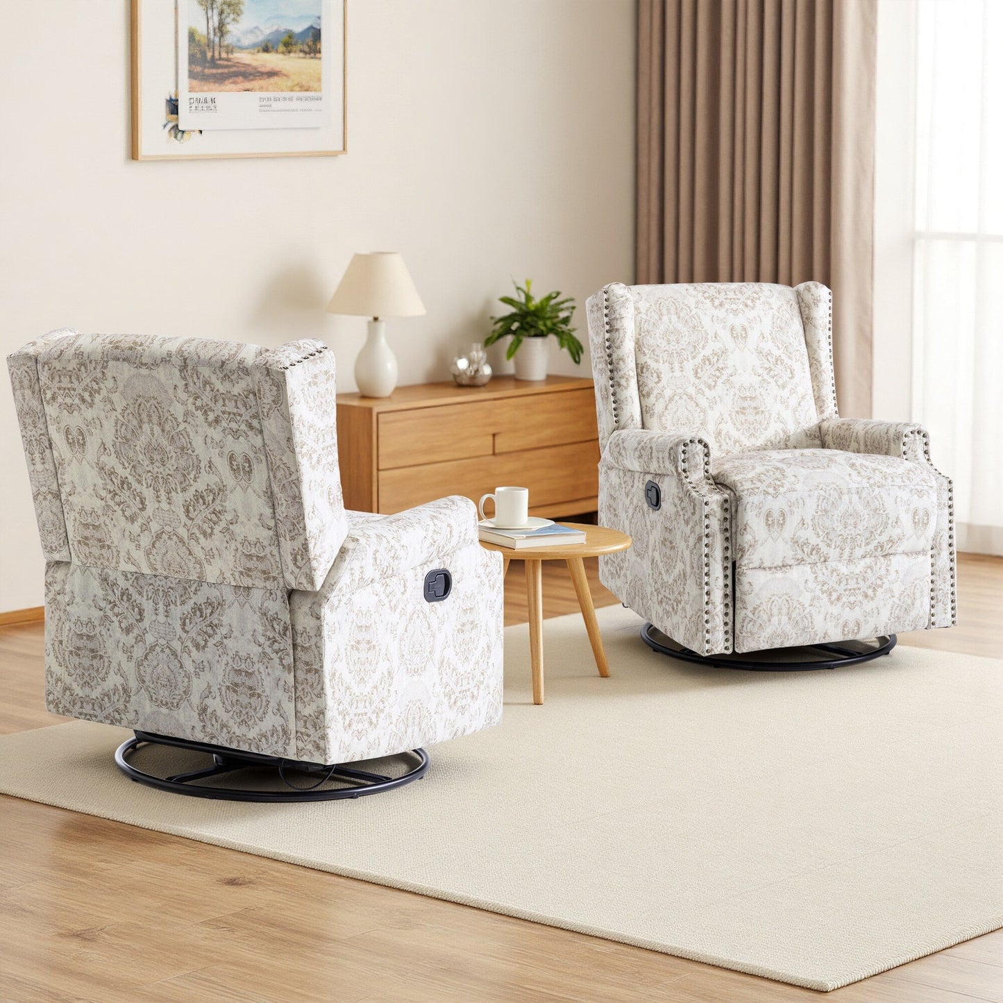 Poltrona reclinabile manuale in lino floreale con poggiapiedi, set da 2