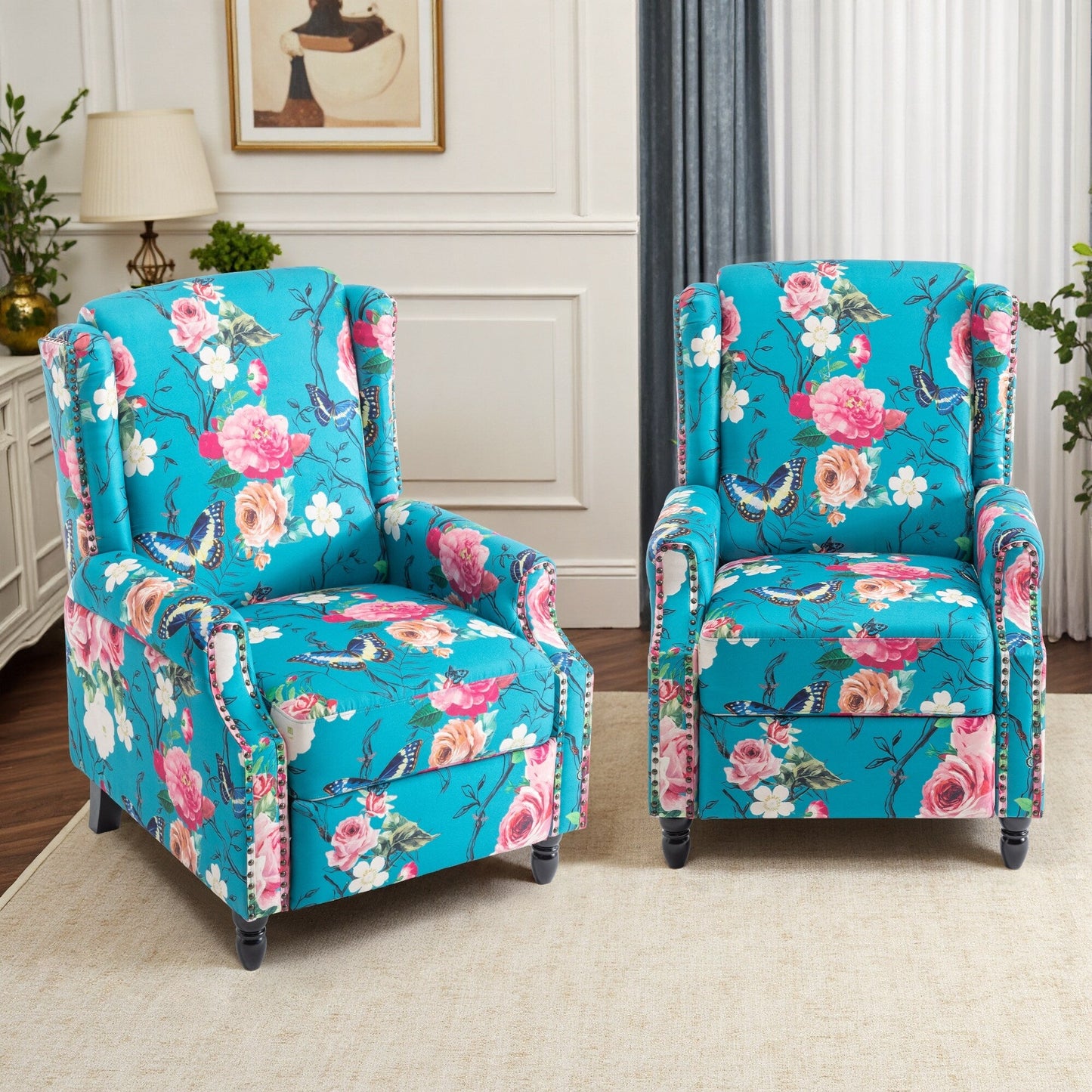 Poltrona reclinabile manuale in lino floreale con poggiapiedi, set da 2