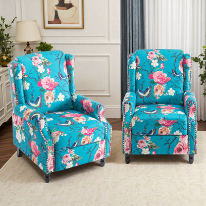 Poltrona reclinabile manuale in lino floreale con poggiapiedi, set da 2