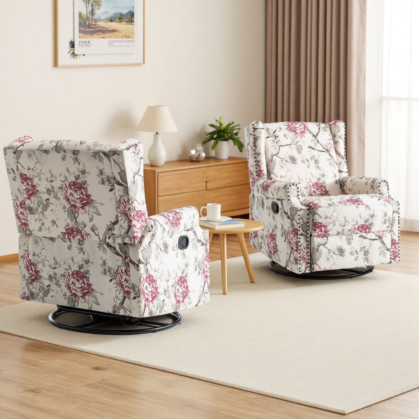 Poltrona reclinabile manuale in lino floreale con poggiapiedi, set da 2