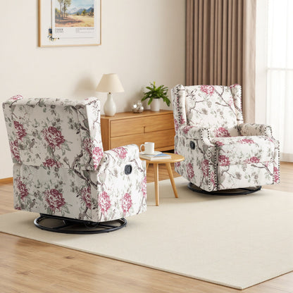 Poltrona reclinabile manuale in lino floreale con poggiapiedi, set da 2