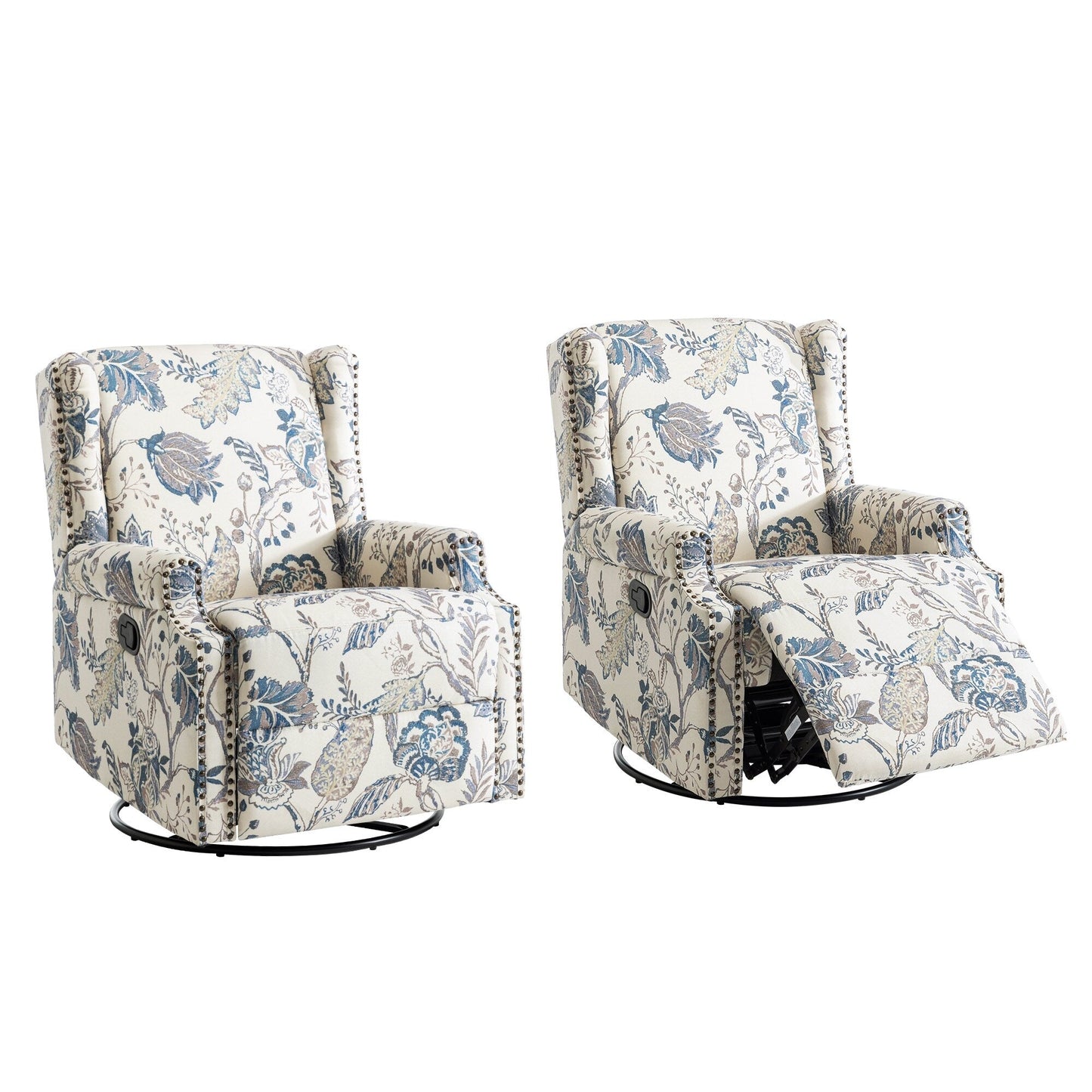 Poltrona reclinabile manuale in lino floreale con poggiapiedi, set da 2