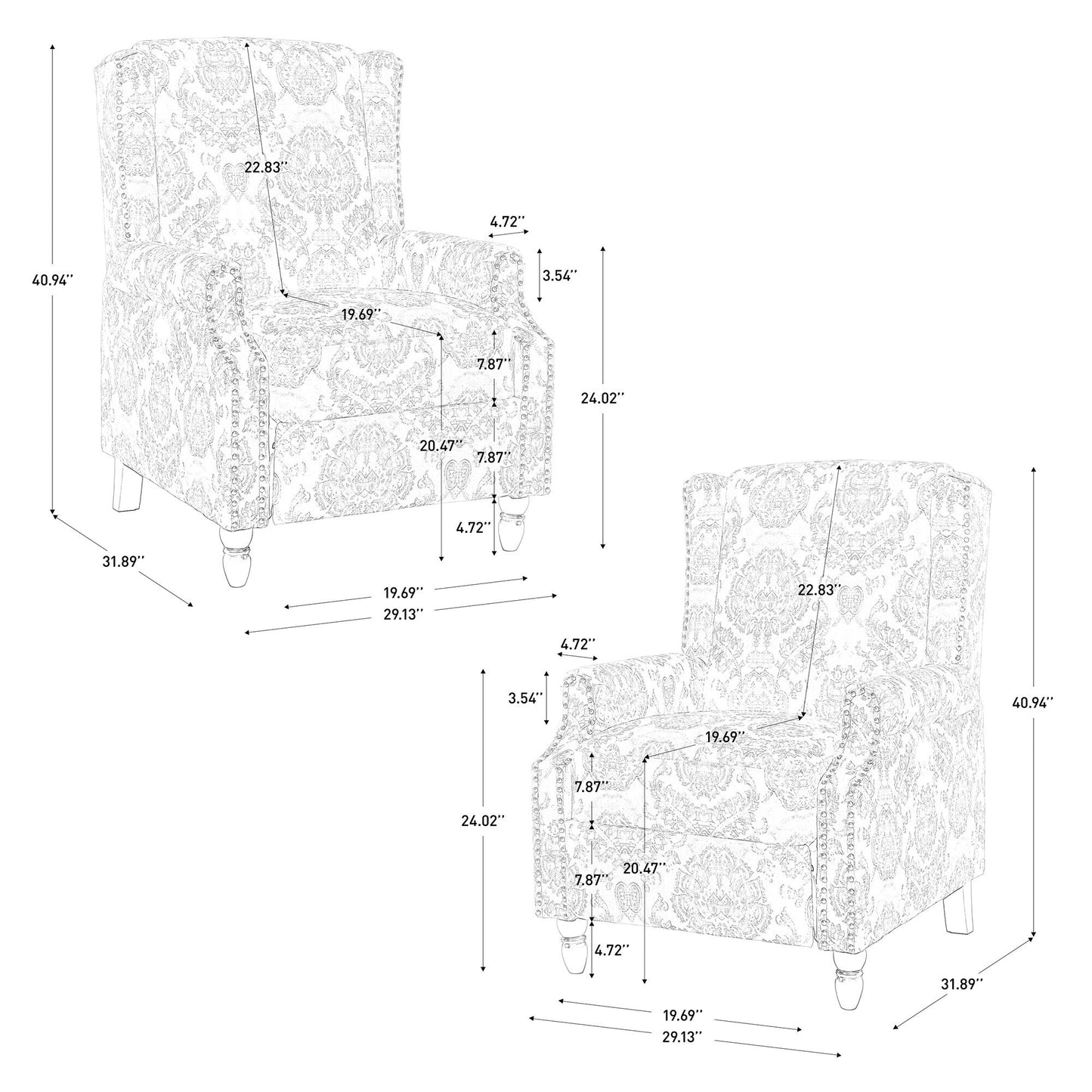 Poltrona reclinabile manuale in lino floreale con poggiapiedi, set da 2