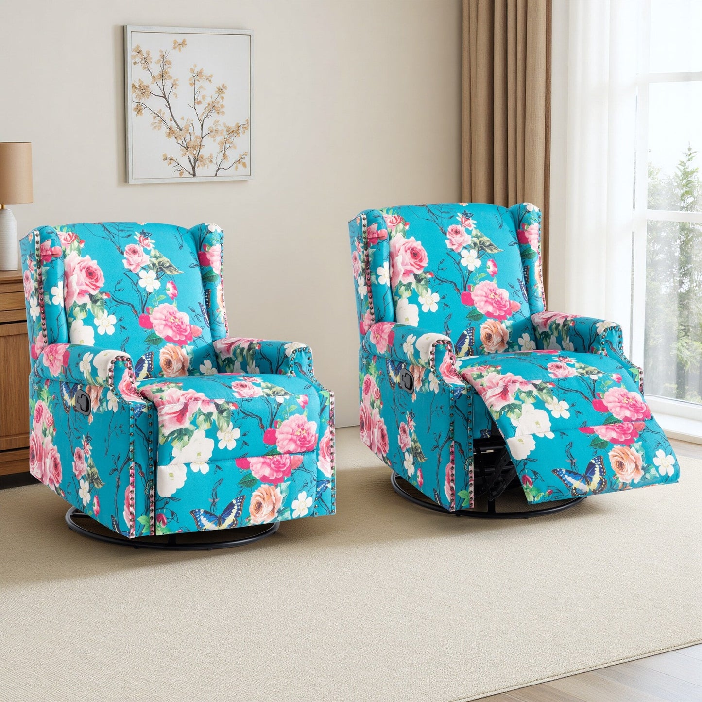 Poltrona reclinabile manuale in lino floreale con poggiapiedi, set da 2