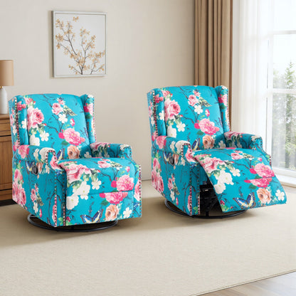 Poltrona reclinabile manuale in lino floreale con poggiapiedi, set da 2
