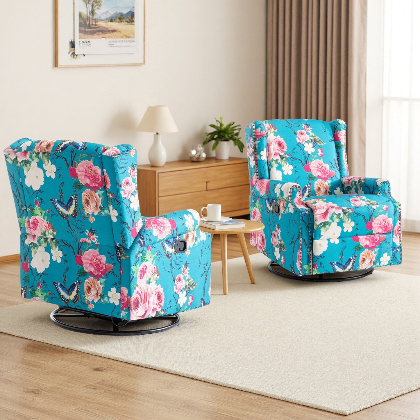Poltrona reclinabile manuale in lino floreale con poggiapiedi, set da 2