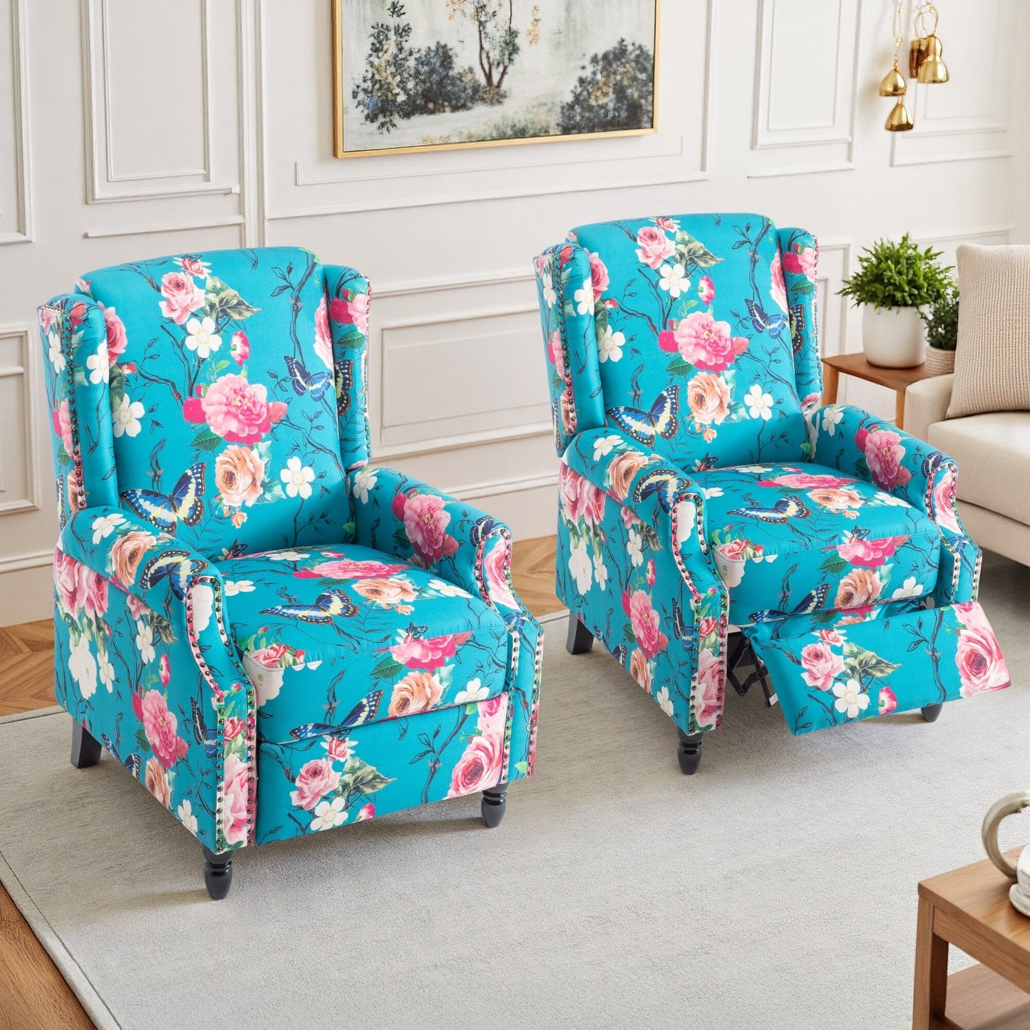 Poltrona reclinabile manuale in lino floreale con poggiapiedi, set da 2