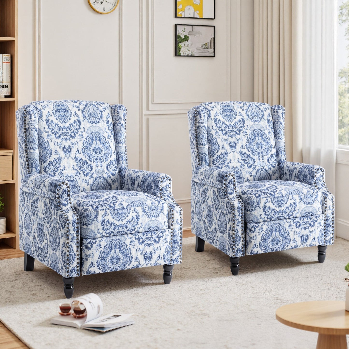 Poltrona reclinabile manuale in lino floreale con poggiapiedi, set da 2