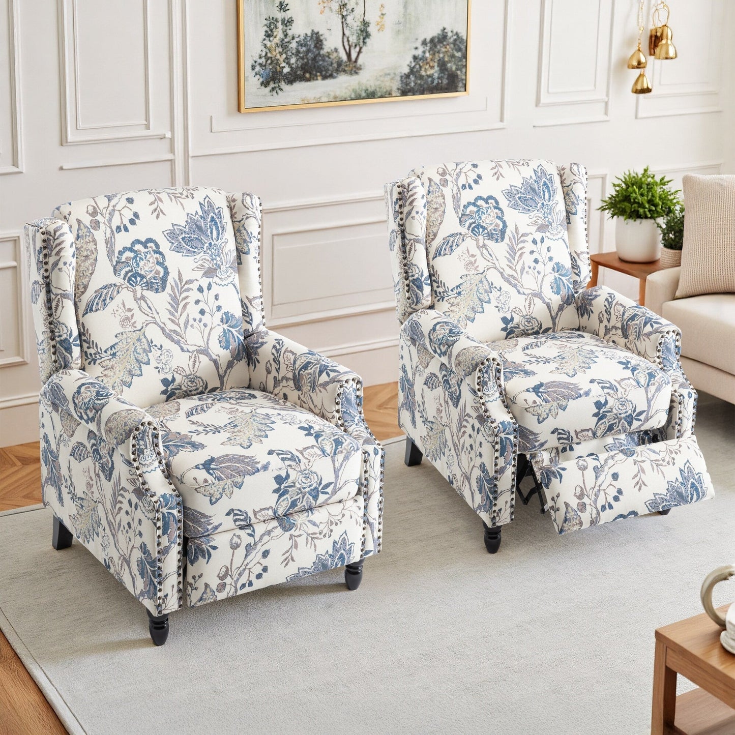 Poltrona reclinabile manuale in lino floreale con poggiapiedi, set da 2