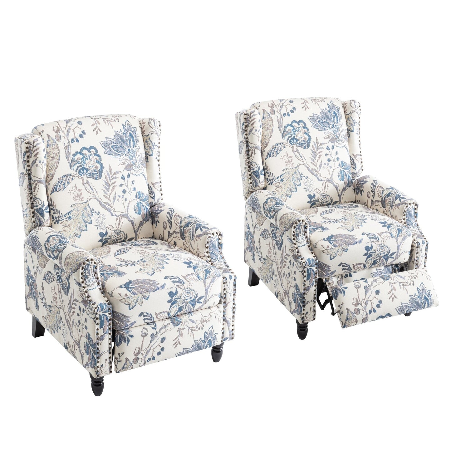 Poltrona reclinabile manuale in lino floreale con poggiapiedi, set da 2