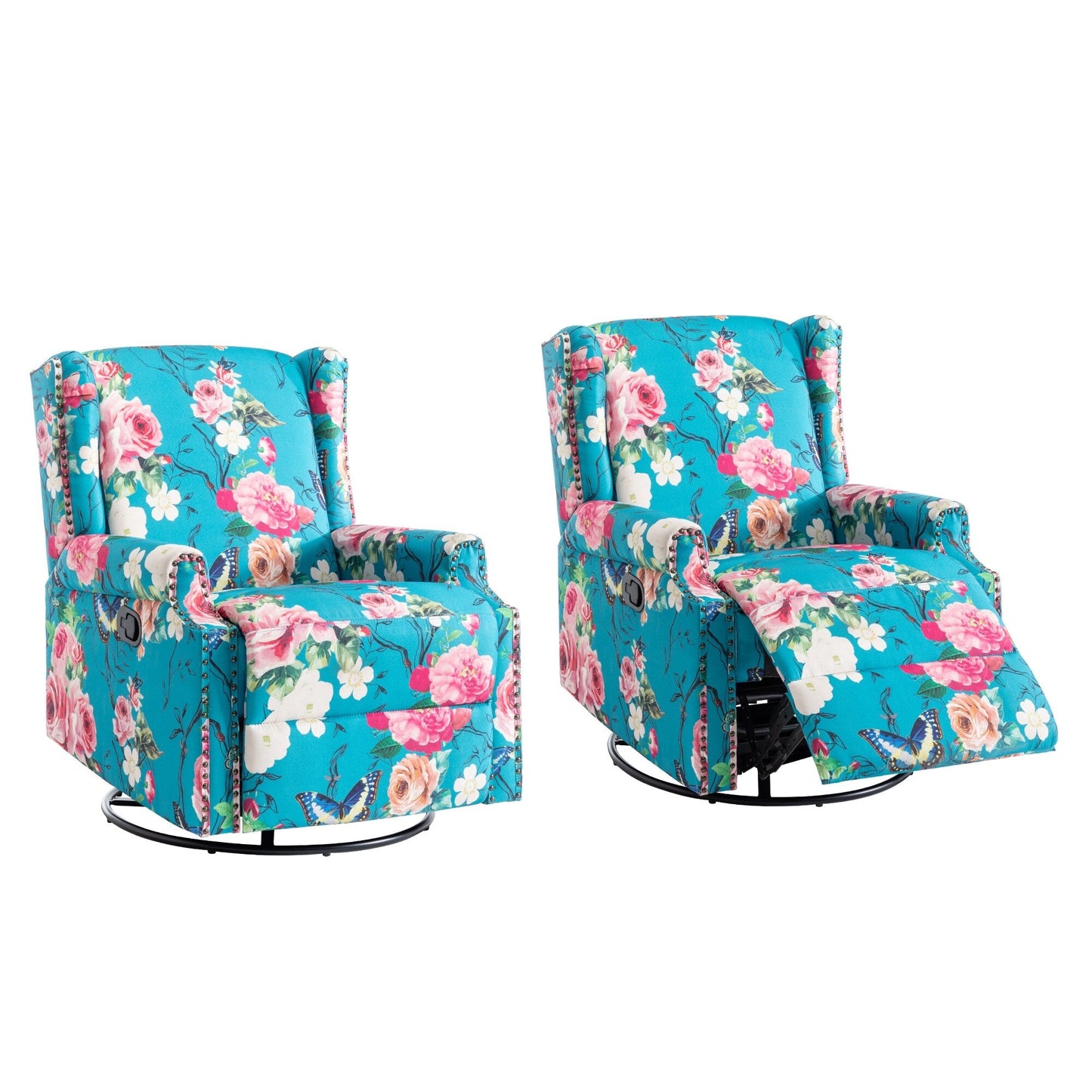 Poltrona reclinabile manuale in lino floreale con poggiapiedi, set da 2