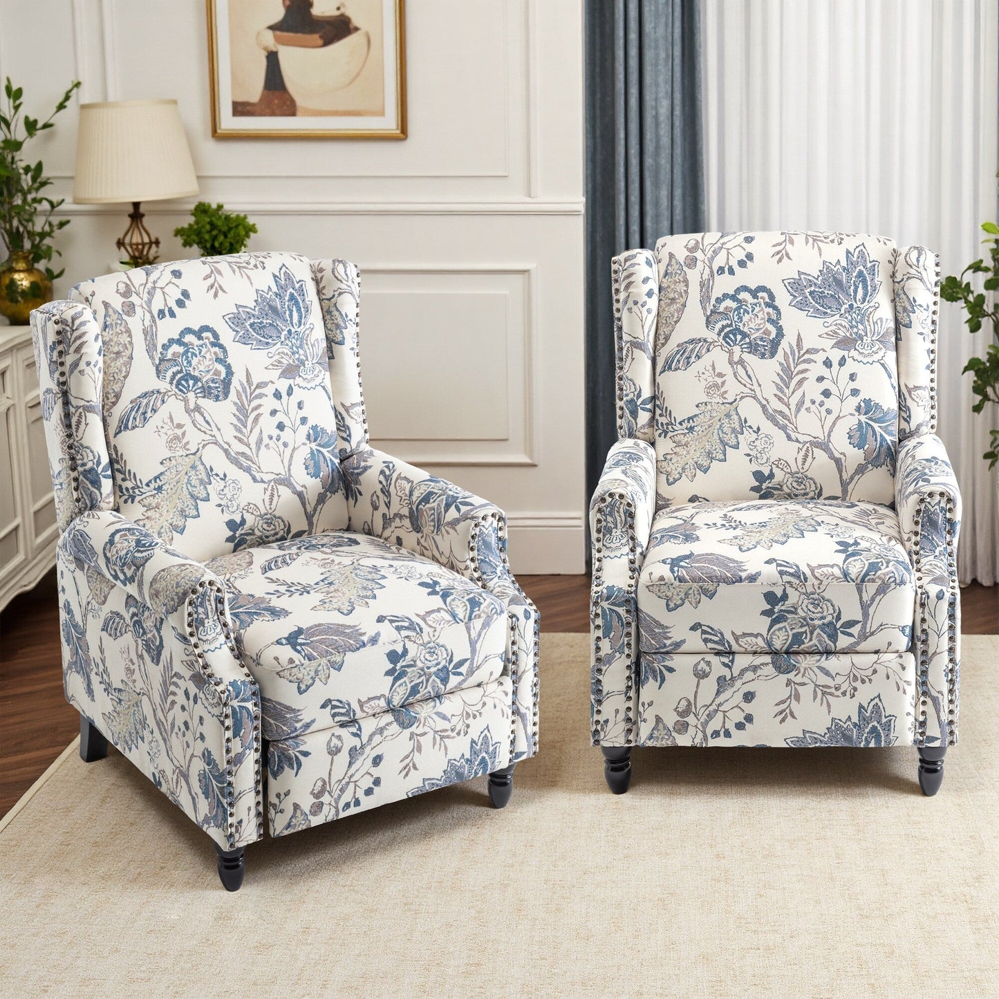 Poltrona reclinabile manuale in lino floreale con poggiapiedi, set da 2