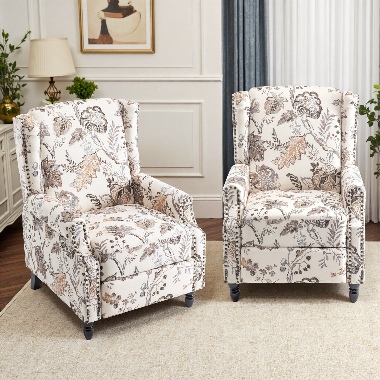 Poltrona reclinabile manuale in lino floreale con poggiapiedi, set da 2