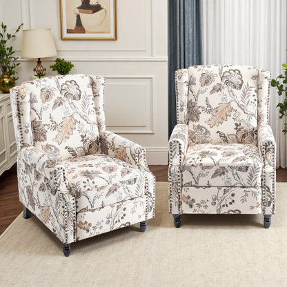 Poltrona reclinabile manuale in lino floreale con poggiapiedi, set da 2