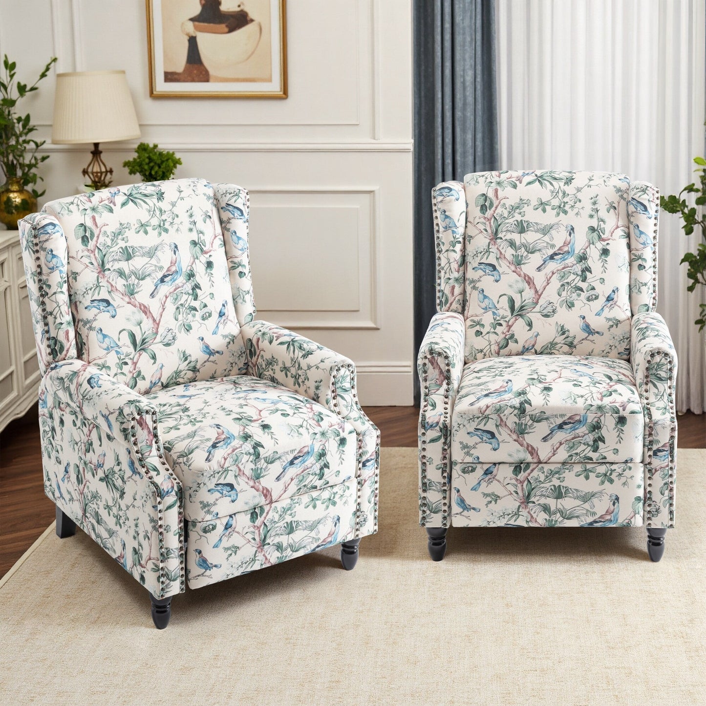 Poltrona reclinabile manuale in lino floreale con poggiapiedi, set da 2