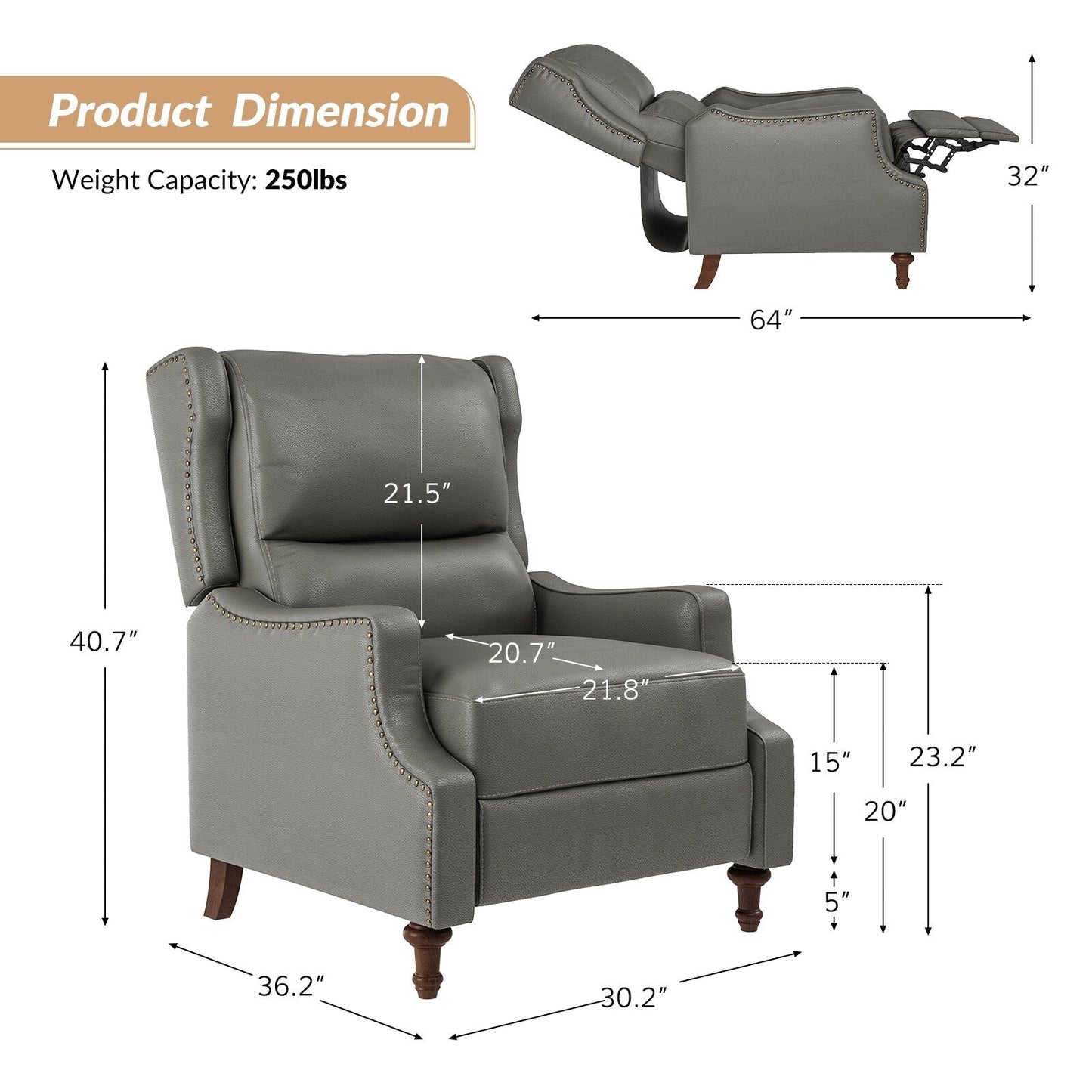 Poltrona reclinabile Florens in vera pelle con finiture a borchie di HULALA HOME