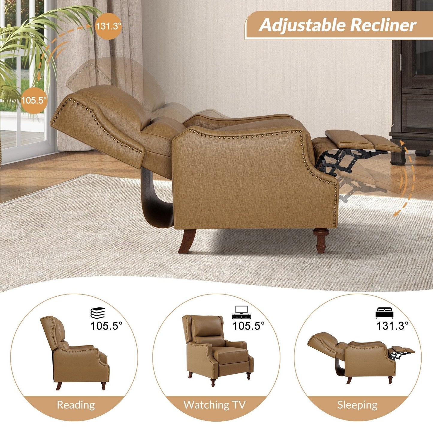 Poltrona reclinabile Florens in vera pelle con finiture a borchie di HULALA HOME