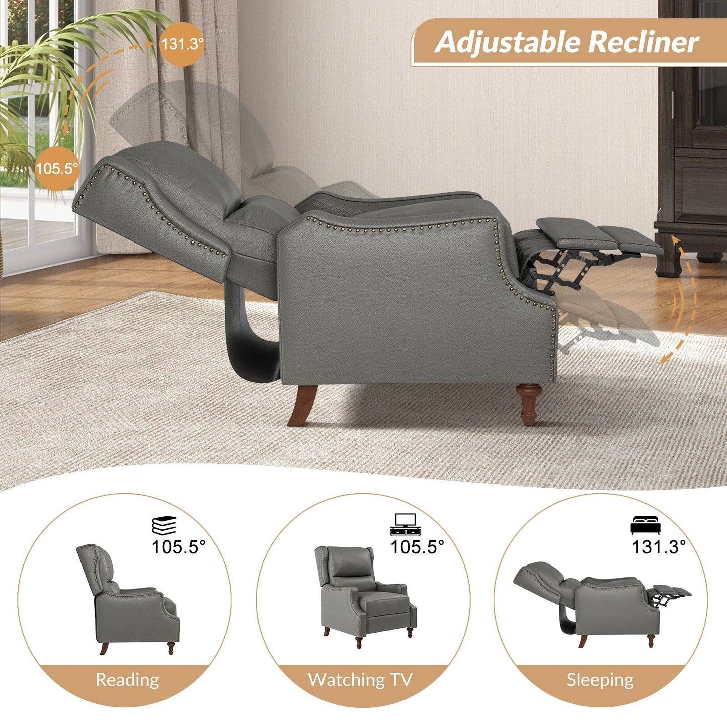 Poltrona reclinabile Florens in vera pelle con finiture a borchie di HULALA HOME