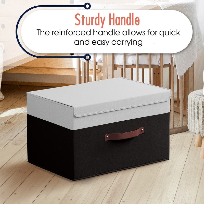 Cestini portaoggetti pieghevoli e grandi in tessuto di lino con manici in pelle e coperchio - Set da 3