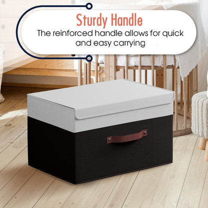 Cestini portaoggetti pieghevoli e grandi in tessuto di lino con manici in pelle e coperchio - Set da 3