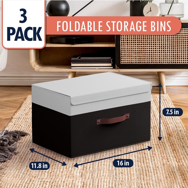 Cestini portaoggetti pieghevoli e grandi in tessuto di lino con manici in pelle e coperchio - Set da 3