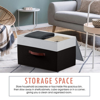 Cestini portaoggetti pieghevoli e grandi in tessuto di lino con manici in pelle e coperchio - Set da 3