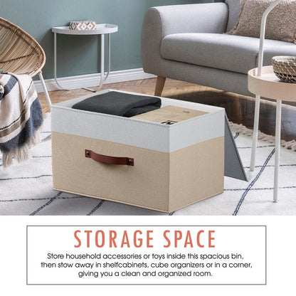 Cestini portaoggetti pieghevoli e grandi in tessuto di lino con manici in pelle e coperchio - Set da 3