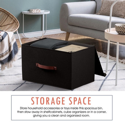 Cestini portaoggetti pieghevoli e grandi in tessuto di lino con manici in pelle e coperchio - Set da 3